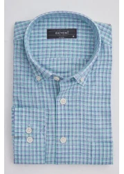 RAVANELLI Men's Classic Fit Regular Fit Long Sleeve 100% Cotton Linen Texture Single Pocket Checked Shirt