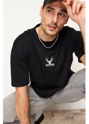  Collection Deer Embroidered Black Oversize T-Shirt - TMNSS24TS00055