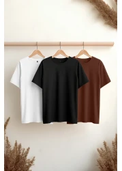  Collection Black-Brown-White Slim/Slim Fit Crew Neck 100% Cotton 3 Pack T-Shirts Tmnss19Bo0007