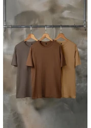  Collection Brown-Beige-Grey Slim/Narrow Cut Crew Neck Basic 100% Cotton 3 Pack T-Shirts Tmnss19Bo0007