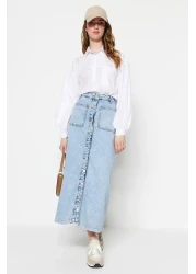  Collection High Waist Double Pocket Light Blue Maxi Denim Jeans Skirt - Tctss23Ee00002