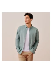 Giordano Men's Cotton Oxford Shirt - Small Lion Embroidery, Slim Fit, Full Button