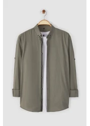  Collection Dark Button Collar Epaulette Slim Fit Long Sleeve 100% Cotton Linen Look Shirt Tmnss20Go0189