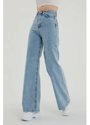lamelif Super High Waist Lycra Dessin Light Blue Jeans - Palazzo Loose Leg