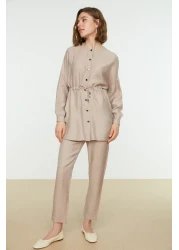  Modest Beige Tie Waist Shirt-Pants Woven Suit TCTSS21AU0237