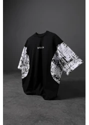 Slatra Men's Black Gothic Life Sleeve Printed Oversize Tshirt