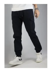 VIKUNYA Men's Summer Navy Blue Jogger Cotton Cargo Pants Adjustable Waist Elasticized Legs Comfort