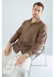 YXC Trend Maker قميص رجالي موسمي من الكتان ذو ملمس طويل الأكمام كبير الحجم (مقاس واسع) بني داكن