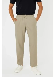 TheSeason Men's Beige Cotton Linen Look Relaxed Fit Summer Trousers with Lace-Up Waist