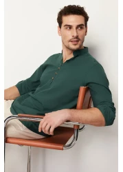  Collection Dark Green Slim Fit Half Placket Prevailing Collar 100% Cotton Shirt TMNSS20GO0097