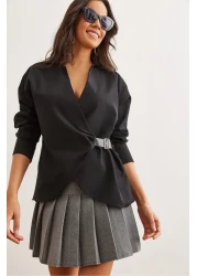 Olalook Women's Black Shirt Collar Belt Detail Shirt Gml- 19001277