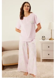  Collection Lilac Floral 100% Cotton Knitted Pajamas Set - Button, Thmss25Pt00179