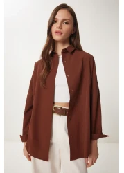 Happiness İstanbul قميص أساسي طويل كبير الحجم بلون الشوكولاتة للسيدات DD00842