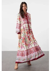  Modest فستان منسوج من الفيسكوز باللون العنابي مزين بالزهور - TCTSS24EB00221