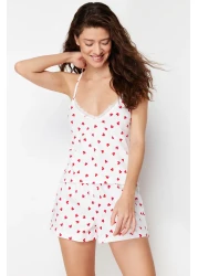  Collection White 100% Cotton Heart Lace String Straps Knitted Pajama Set with Shorts THMSS24PT00106