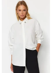  Collection Ecru Oversize Woven Shirt with Stone Collar Detail TWOAW24GO00168