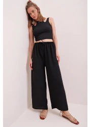 Trend Alaçatı Stili بنطلون Aerobin ذو الخصر المطاطي الأسود للنساء