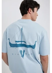 Defacto Vikings Comfortable Fit T-Shirt - Partial Sleeve Crew Neck Back Tied