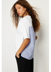  Collection White Striped Poplin Detailed Oversize/Wide Pattern Knitted T-Shirt TWOSS24TS00006