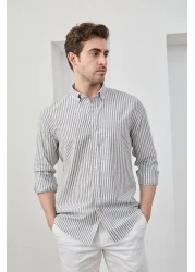 RAVANELLI Men's Black Striped Cotton Linen Modern Slim Fit Shirt