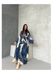 PREMİER VİE Marineblau Ecru Viskose Dress with Teseture Pattern