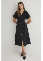  Collection Black Waist Opening Midi Woven Shirt Dress Twoss24El00052