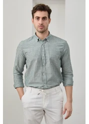 RAVANELLI Men's Striped Cotton Linen Modern Slim Fit Shirt