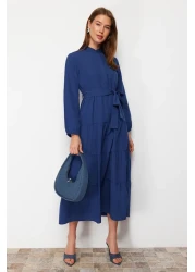  Modest Saks Belted Chief Collar Button Detail Woven Dress TCTSS21EL3343