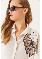 Bianco Lucci Women's Bow Patterned Bead Stone Embroidered Linen Aerobin Oversize Shirt 60283031