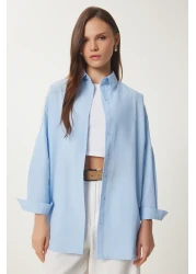 Happiness İstanbul قميص نسائي أساسي طويل كبير الحجم باللون الأزرق السماوي DD00842