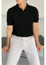 Tarz Cool Men's Black Thin Hair Braided Slim Fit Polo Neck Knitwear T-Shirt