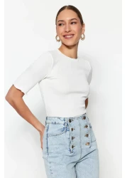  Collection Ecru Corded Fitted/Fitted Crew Neck Flexible Knitted Blouse TWOSS23BZ00025