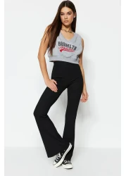  Collection Black Ribbed Flare / Flare Leg High Waist Stretchy Knitted Leggings Trousers TWOSS23PL00135