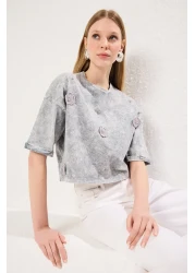  Collection Comfortable Fit - Gray Floral Print Crop T-Shirt Twoss25Ts00131