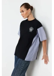  Collection Black Oversize/Wide Fit Poplin Detailed Printed Knitted T-Shirt TWOSS24TS00005