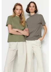  Collection Oil Green-Grey 2 Pack 100% Cotton Basic Stand Collar Knitted T-Shirt TWOSS20TS1500