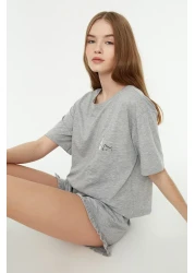  Collection Gray Cotton Ruffle Printed Shorts Knitted Pajamas Set Thmss22Pt0422