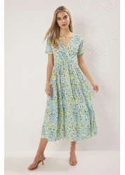  Collection Yellow Floral Printed Double Breasted Stretchy Skater/Waist Cut Midi Knitted Dress Twoss24El00417