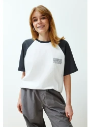  Collection White 100% Cotton Color Blocked Slogan Relaxed/Comfortable Fit Knitted T-Shirt TWOSS24TS00134