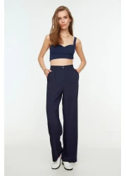  Collection Navy Blue High Waist Wide Leg / Wide Leg Striped Woven Trousers TWOSS22PL0100