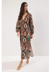  Collection Ethnic Print Maxi Woven 100% Cotton Balloon Sleeve Beach Dress Tbess25El00019