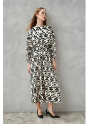  Modest Black Patterned Belt Detailed Crinkle Woven Dress TCTSS24EB00233