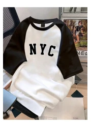 Sweetline Nyc Printed Single Jersey White Black Raglan Sleeve T-Shirt - Oversize Crew Neck T-Shirt