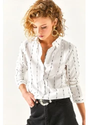 Olalook Women's White Stitching Detailed Flared Linen Shirt GML-19001144