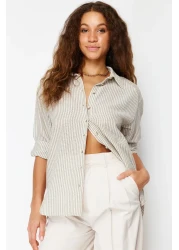  Collection Green Striped Oversize Linen Look Woven Shirt TWOSS24GO00050