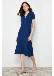  Collection Navy Blue Polo Neck Skater/Waist Opened Cotton Stretchy Knitted Midi Dress TWOSS24EL00480