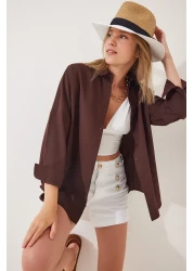 Happiness İstanbul قميص أساسي طويل بني كبير الحجم للنساء DD00842