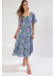  Collection فستان منسوج متوسط الطول بطبعة زهور وأكمام بالون على شكل حرف A باللون الأرجواني TWOSS20EL2323