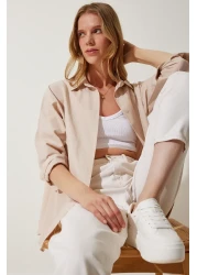 Happiness İstanbul قميص نسائي سادة طويل بقصة واسعة باللون الكريمي DD00842