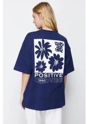  Collection Navy Blue 100% Cotton Back Printed Oversize/Wide Fit Crew Neck Knitted T-Shirt TWOSS23TS00321